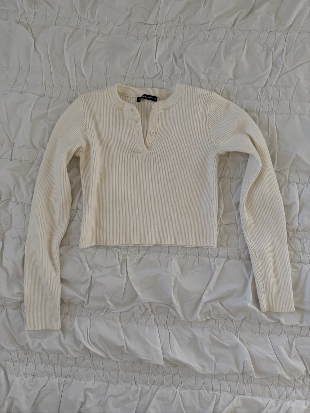 Brandy Melville Cream Ribbed Henley Crop Long-Sleeve Top S